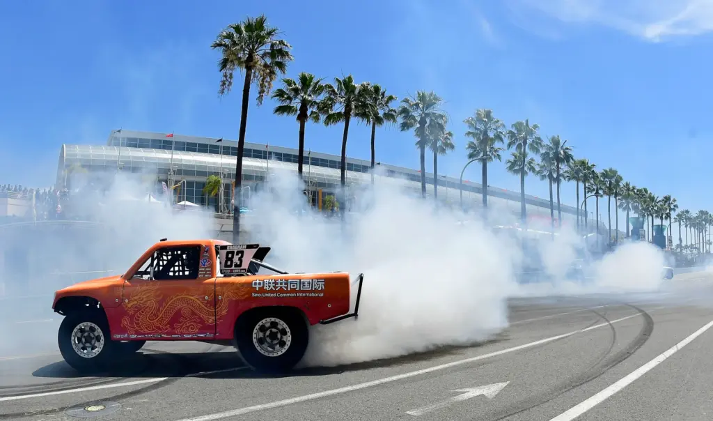 Stadium Super Trucks driver and race winner Matt Brabham performs...