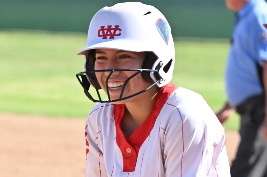 Rylee Cull #9 of the Whittier Christian Heralds reacts after...