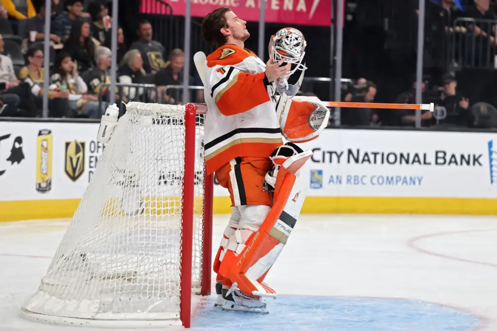 Ducks goaltender Lukas Dostal gathers himself during a pause in...