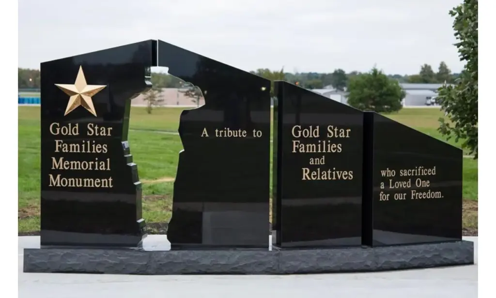 A two-paneled black granite monument dedicated to Gold Star families...
