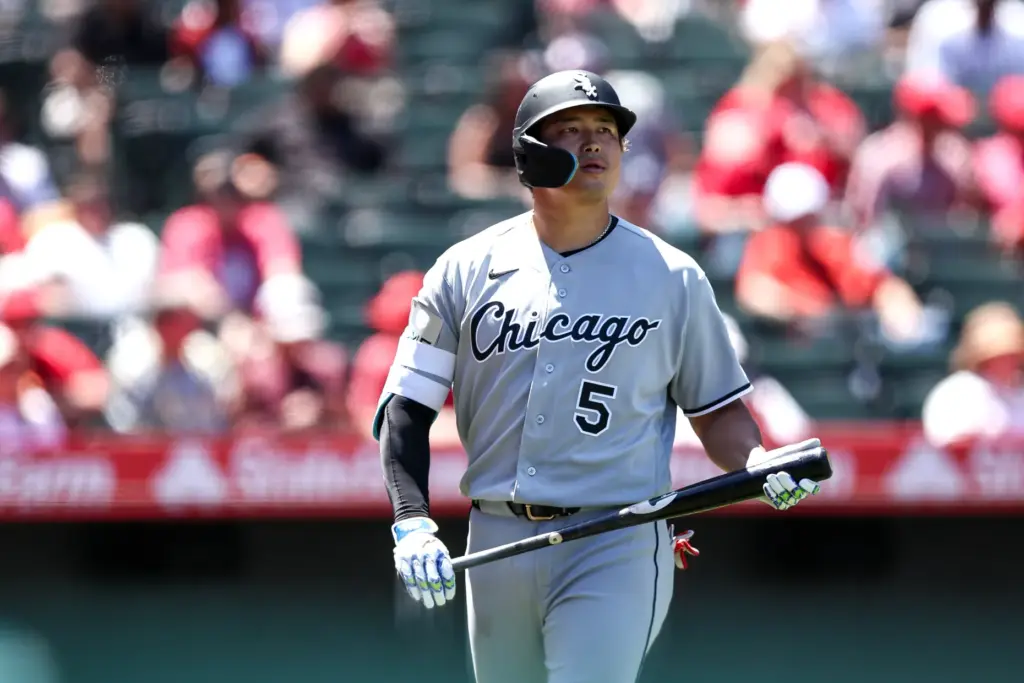 Chicago White Sox slugger Munetaka Murakami walks back to the...