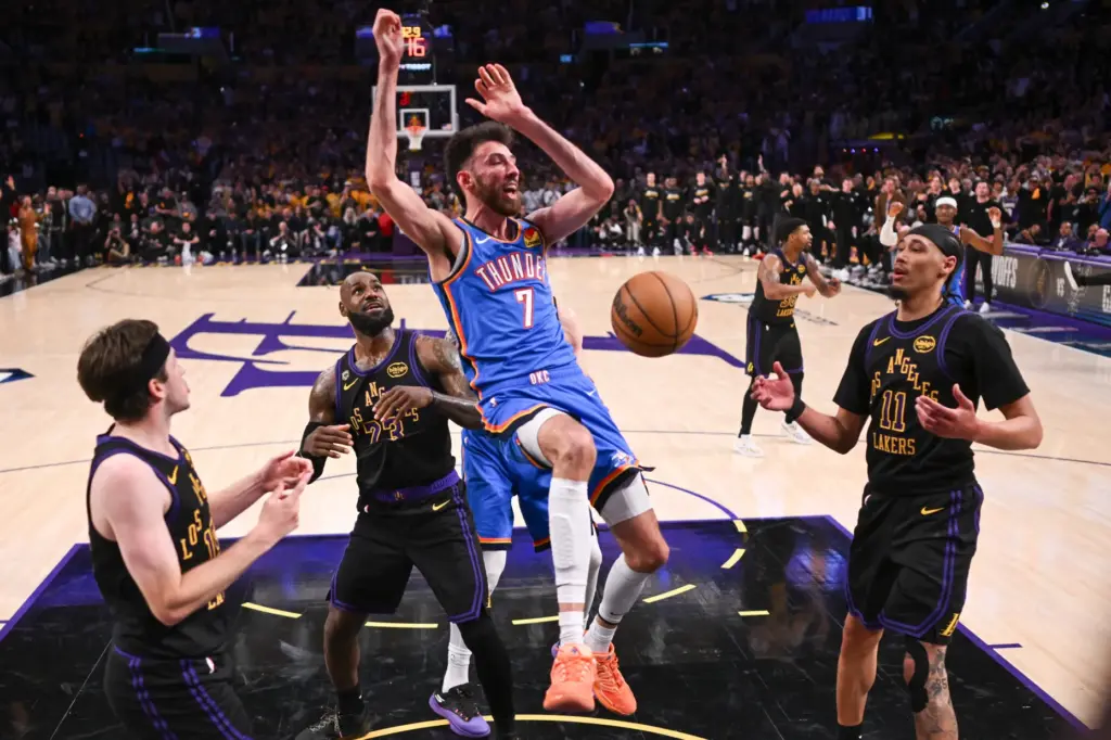 Oklahoma City Thunder forward Chet Holmgren (7) celebrates in front...