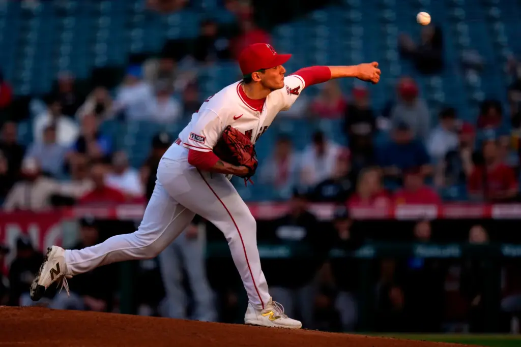 Angels starting pitcher Sam Aldegheri throws to the plate during...