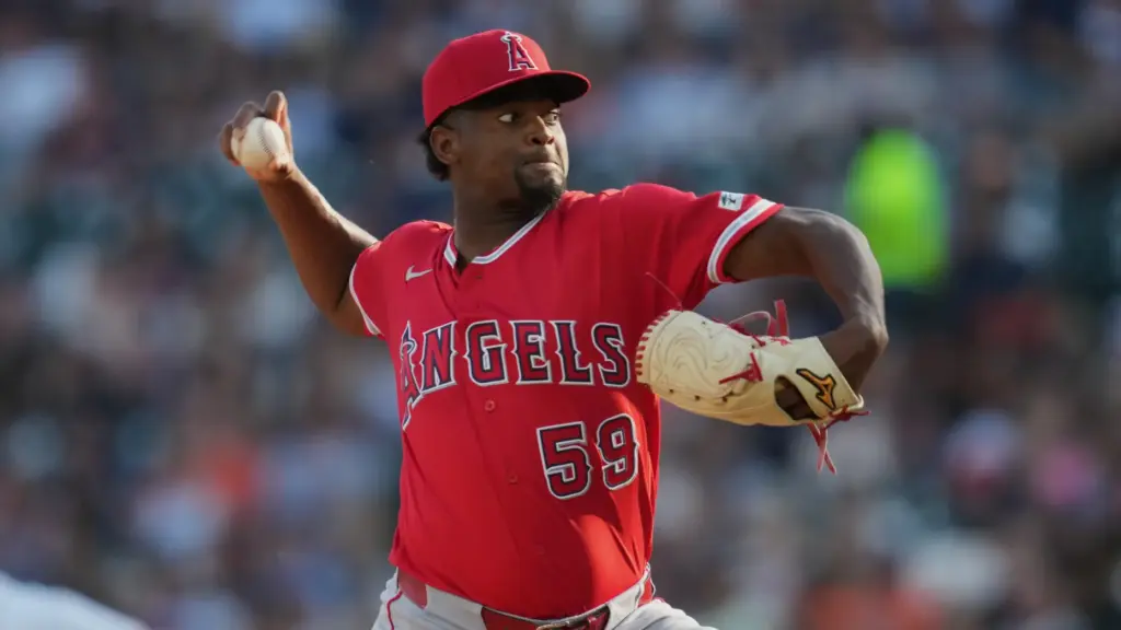 Angels starting pitcher JosÃ Soriano throws to the plate during...