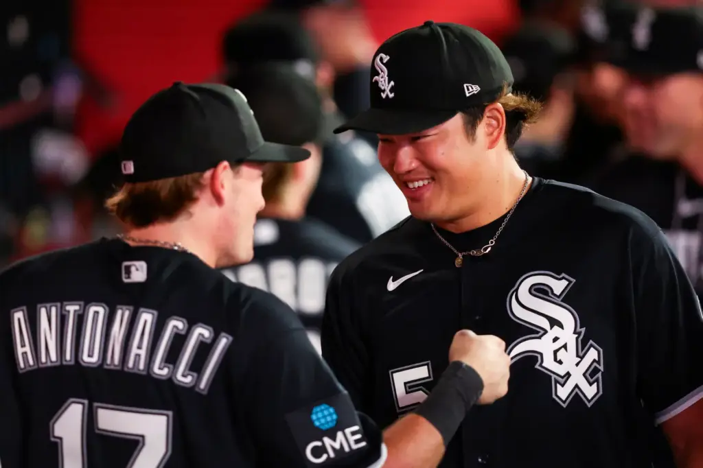 The Chicago White Sox’s Munetaka Murakami, right, and Sam Antonacci...