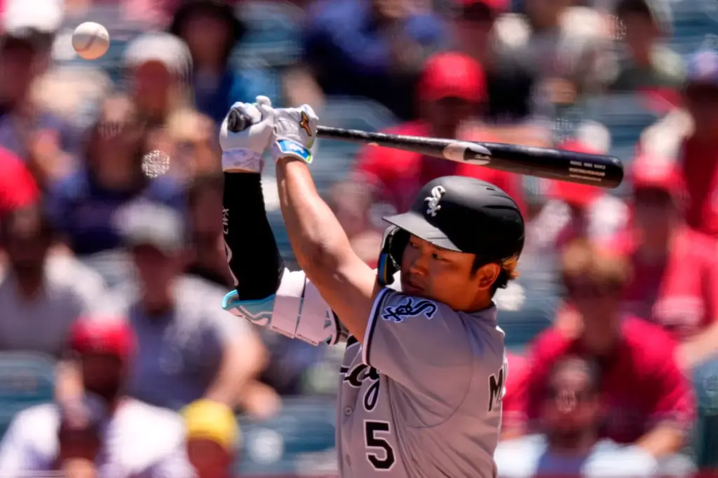 Chicago White Sox slugger Munetaka Murakami hits a foul ball...