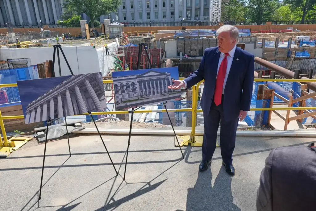 President Donald Trump tours Ballroom construction around the outside the...