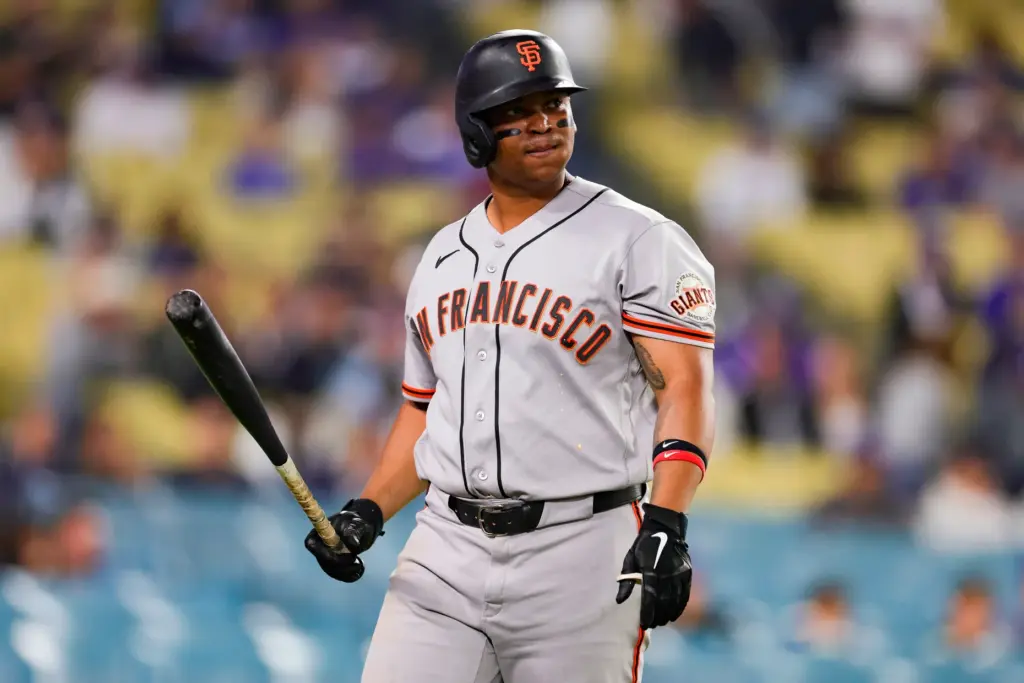 The San Francisco Giants’ Rafael Devers reacts after striking out...
