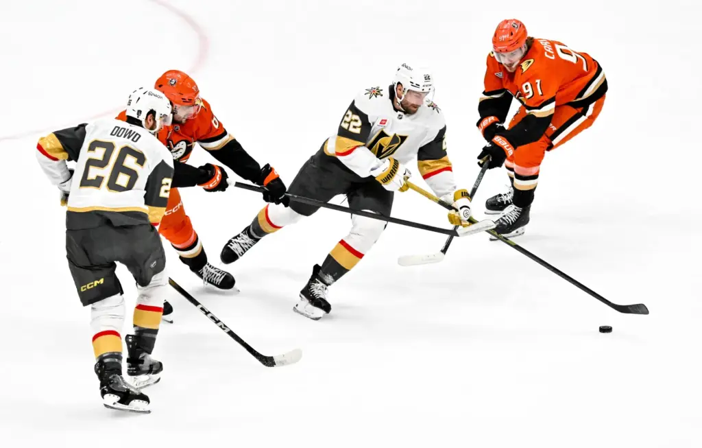 The Vegas Golden Knightsâ Cole Smith (22) and the Ducksâ...