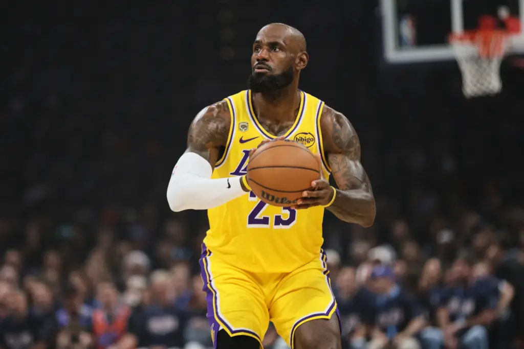 Los Angeles Lakers’ LeBron James prepares to shoot in the...