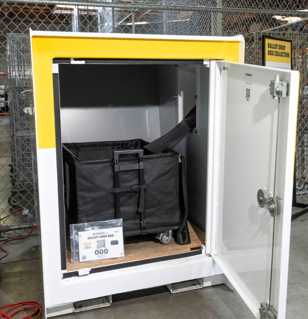 The inside of a ballot drop box is displayed at...