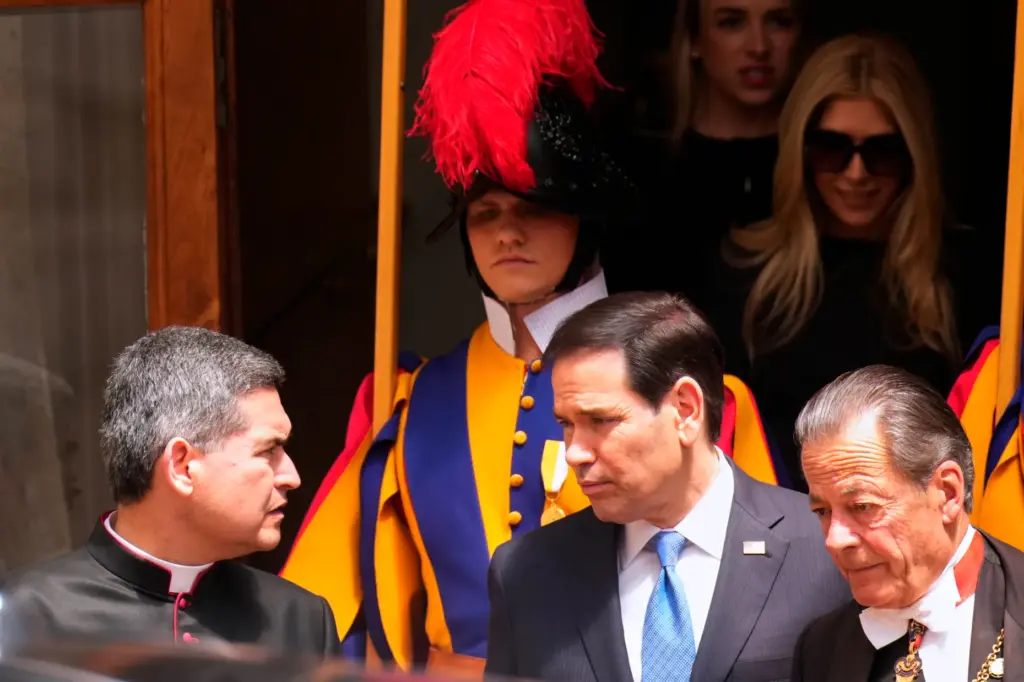 Secretary of State Marco Rubio leaves the St. Damasus courtyard after meeting with Pope Leo XIV.