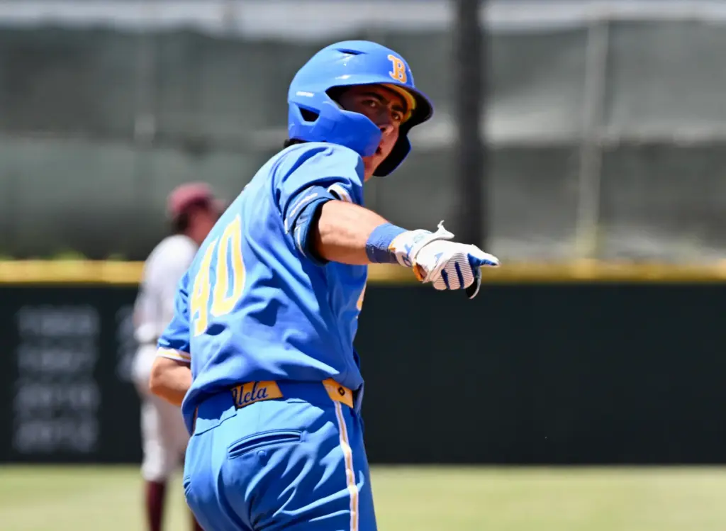 Cashel Dugger #40 of the UCLA Bruins reacts after a...