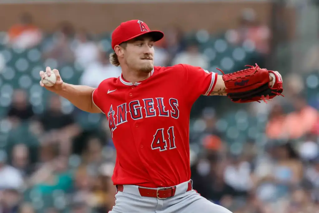 Angels starting pitcher Jack Kochanowicz throws to the plate during...