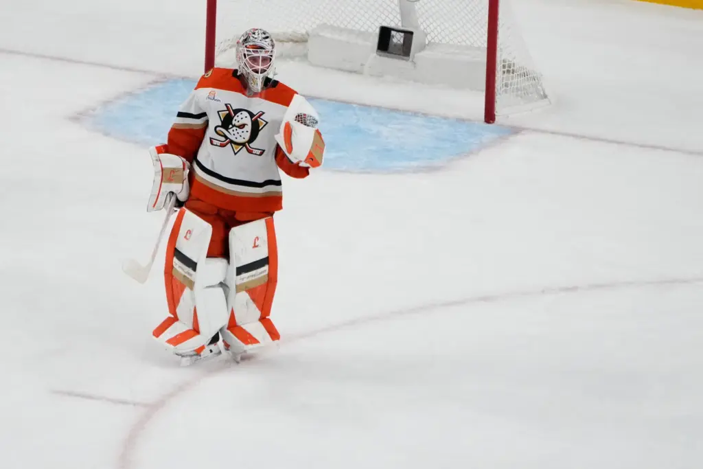 Ducks goaltender Lukas Dostal (1) celebrates after their 3-1 victory...