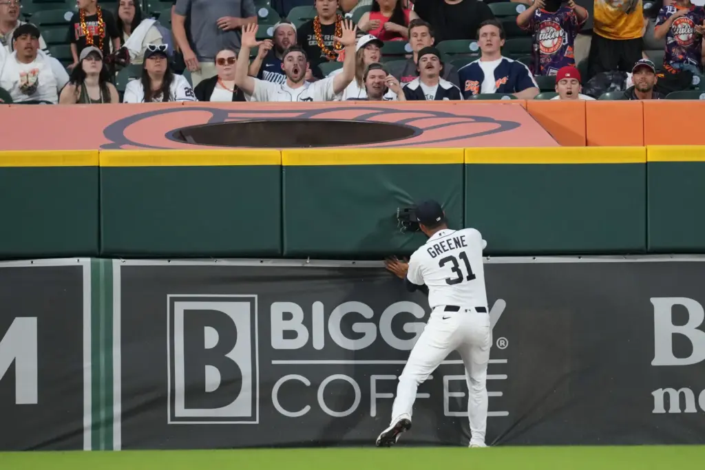 Detroit Tigers left fielder Riley Greene catches a fly ball...