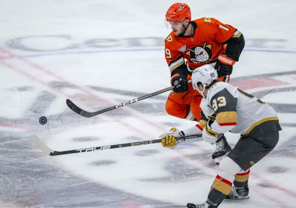 The Ducksâ Troy Terry, top, and the Vegas Golden Knightsâ...