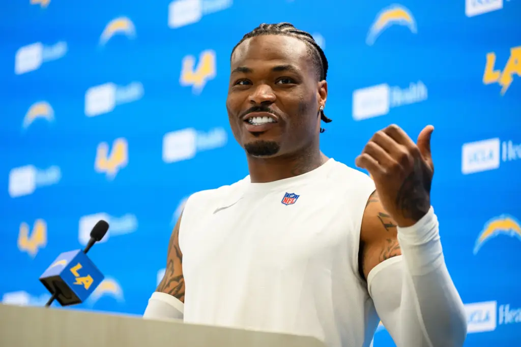 Chargers safety Derwin James Jr. speaks to reporters after the...