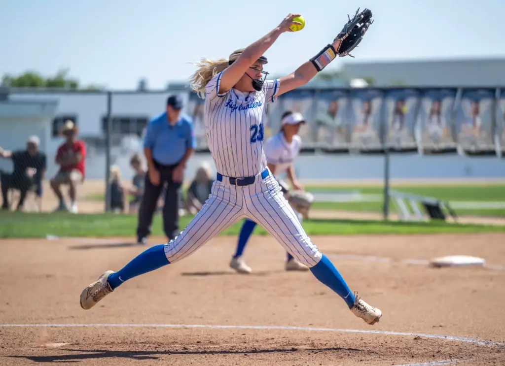 La Habra starting pitcher Madison Payne throws to home plate...