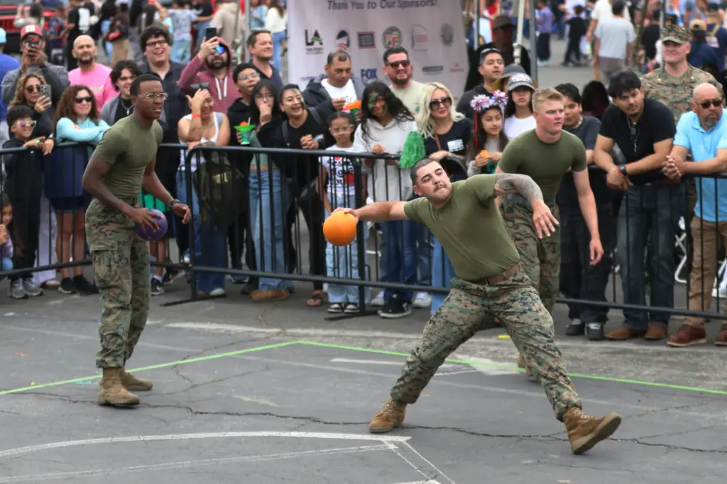 Players compete in the military dodgeball tournament on Sunday, May...