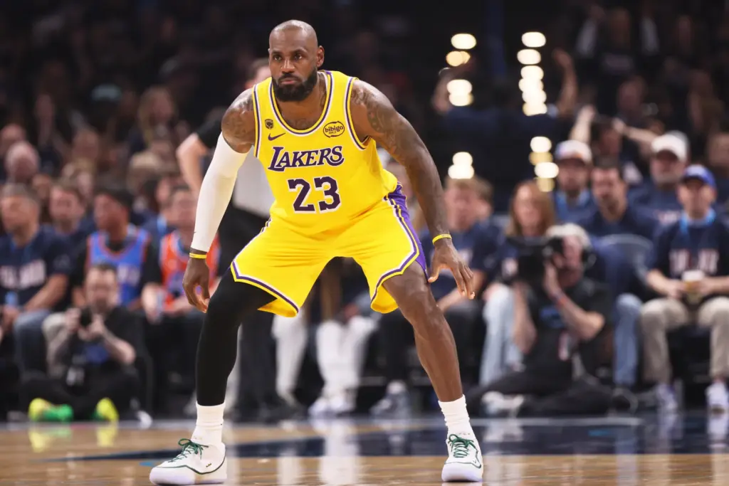 Los Angeles Lakers forward LeBron James defends in the first...