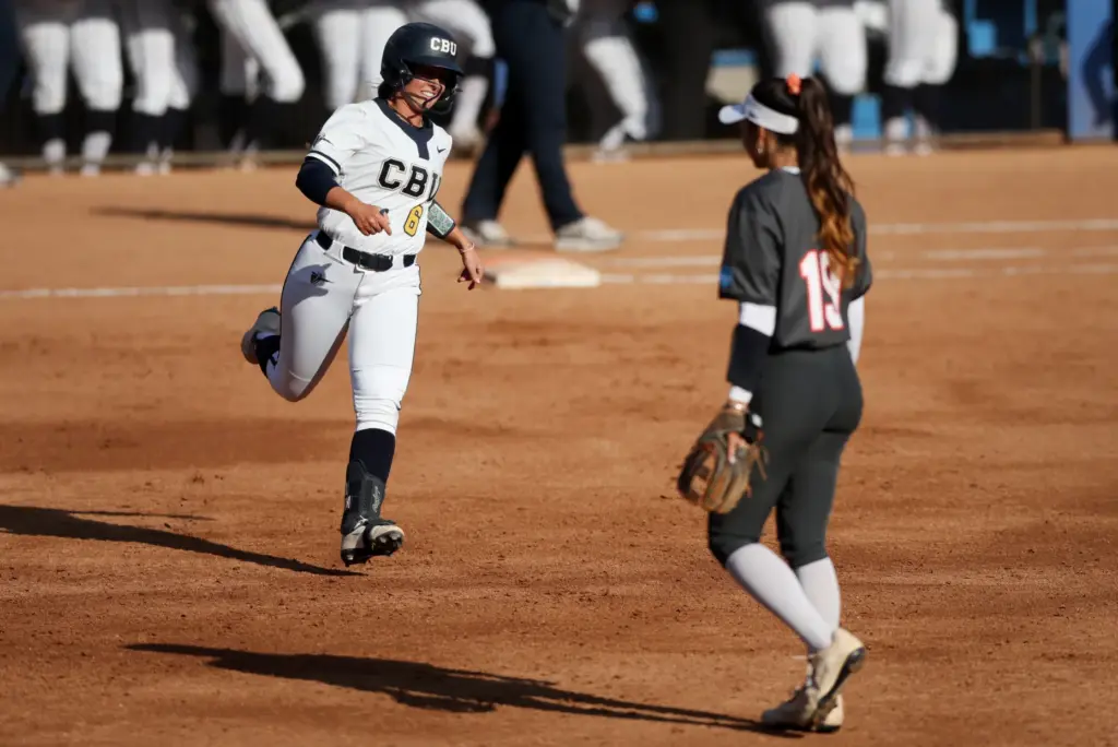 California Baptistâs Sydney Peterson rounds the bases after hitting a...