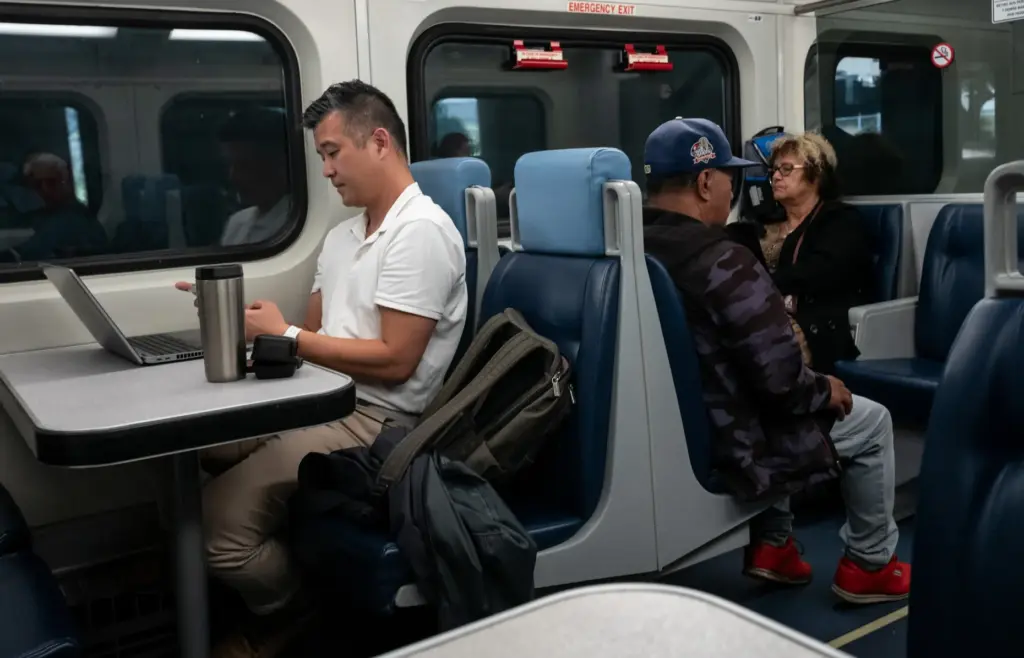Passengers Ride the Metrolink train from Union Station on Tuesday,...