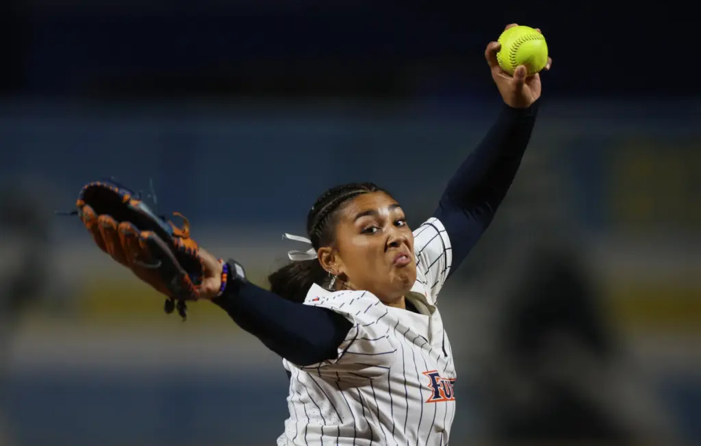 Cal State Fullertonâs Leanna Garcia pitches against Souther Carolina during...