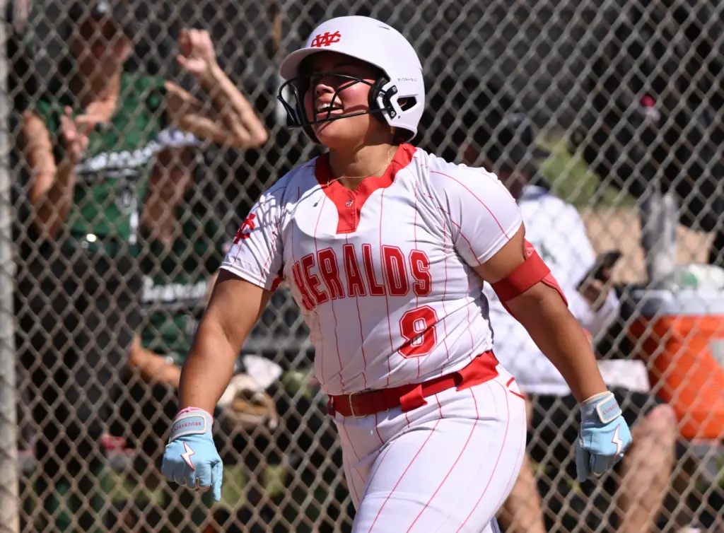 Rylee Cull #9 of the Whittier Christian Heralds reacts after...