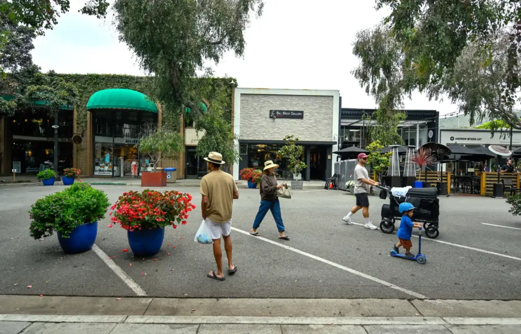 Former parking spaces along Forest Avenue in Laguna Beach, CA,...