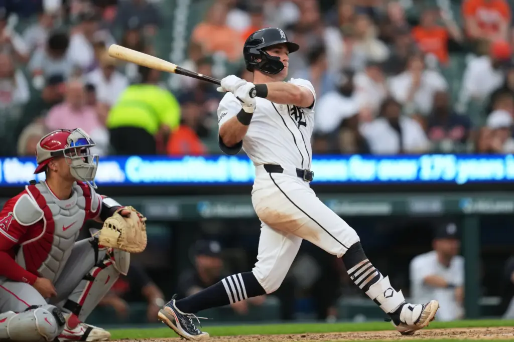 The Detroit Tigers’ Kevin McGonigle hits a two-run triple during...