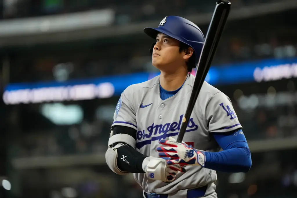 Dodgers star Shohei Ohtani prepares to bat during the first...