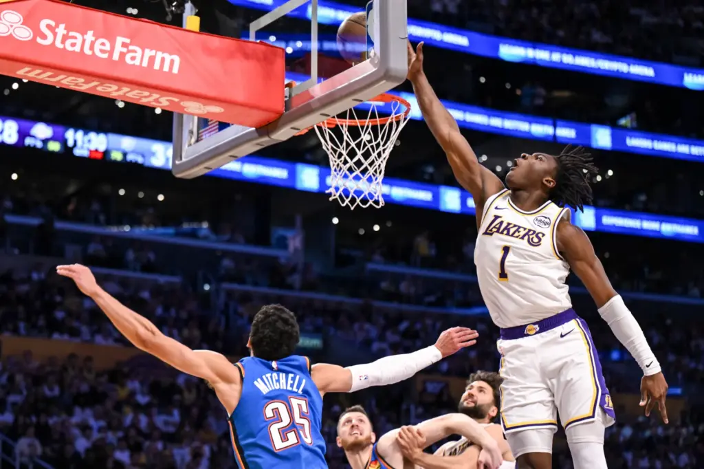 The Oklahoma City Thunder’s Ajay Mitchell (25) looks up as...