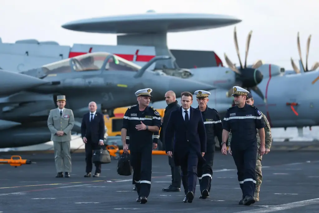 French President Emmanuel Macron visits the French aircraft carrier Charles de Gaulle in Cyprus.