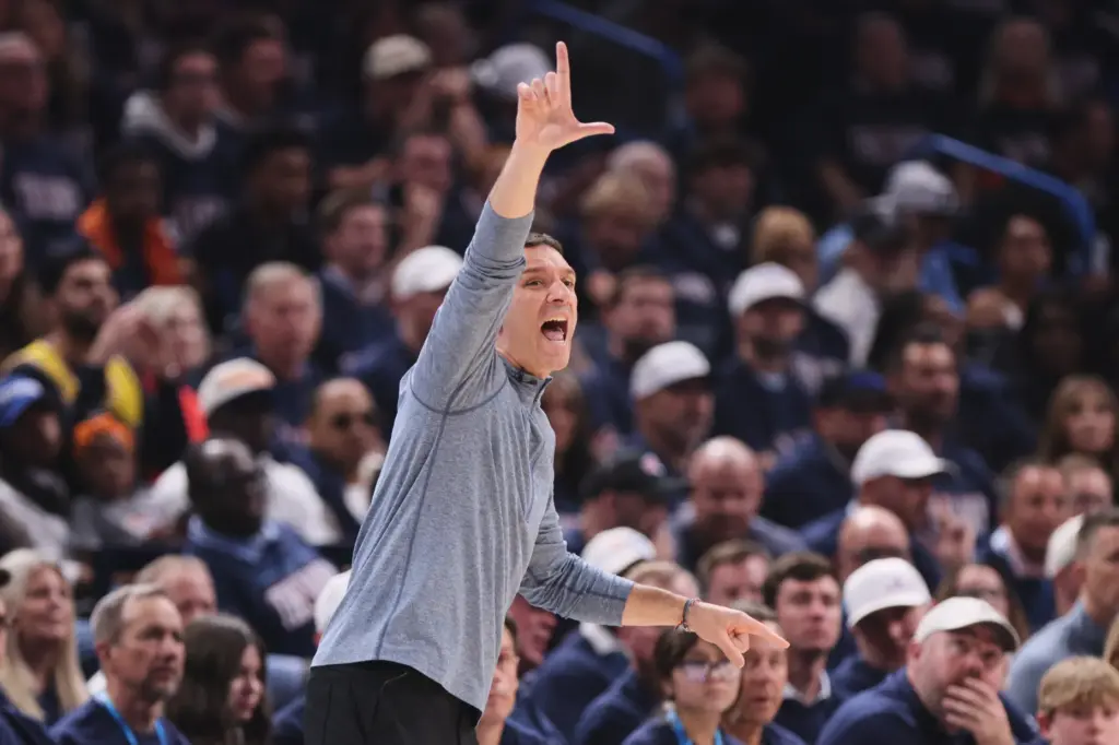 Oklahoma City Thunder head coach Mark Daigneault reacts to play...