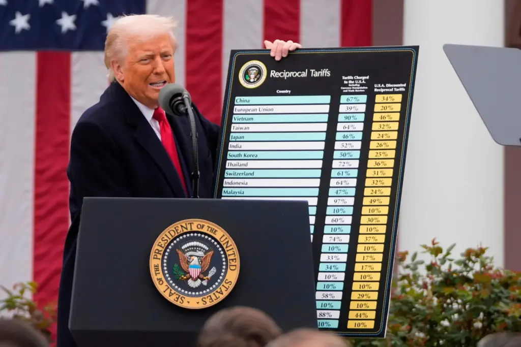 President Donald Trump speaks with a large poster