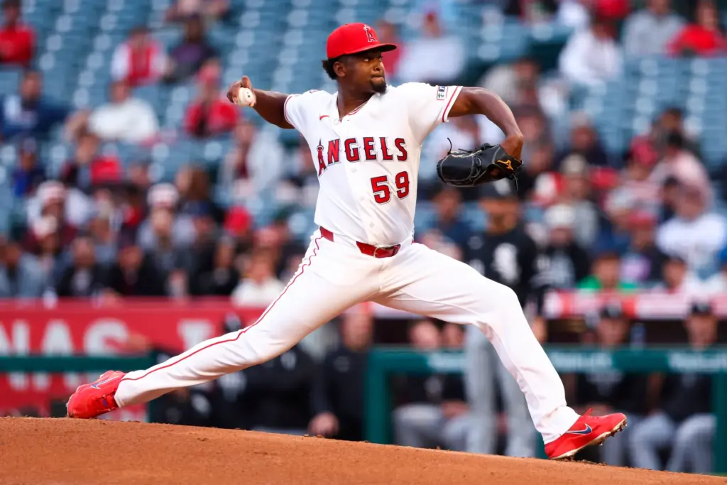 Angels pitcher JosÃ© Soriano throws to the plate during the...