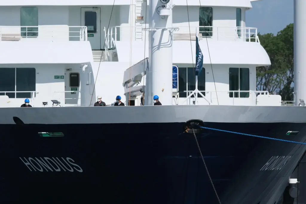 The MV Hondius cruise ship arrives at the Port of Rotterdam, Netherlands.