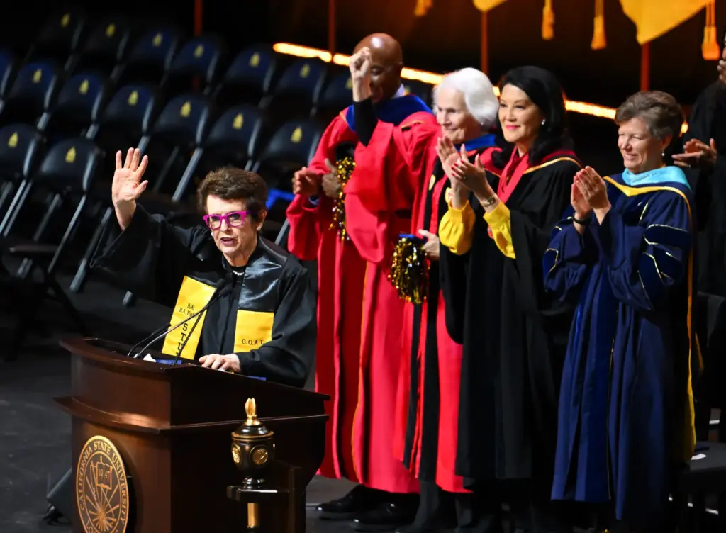 Billie Jean King delivers the keynote address during graduation for...