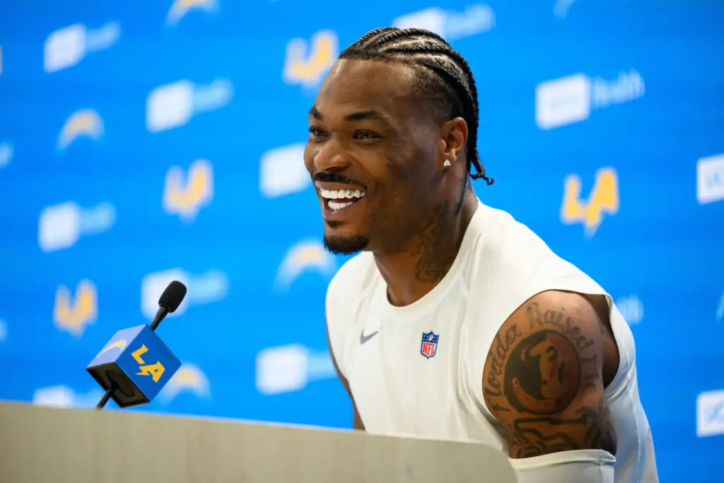 Chargers safety Derwin James Jr. speaks to reporters after the...