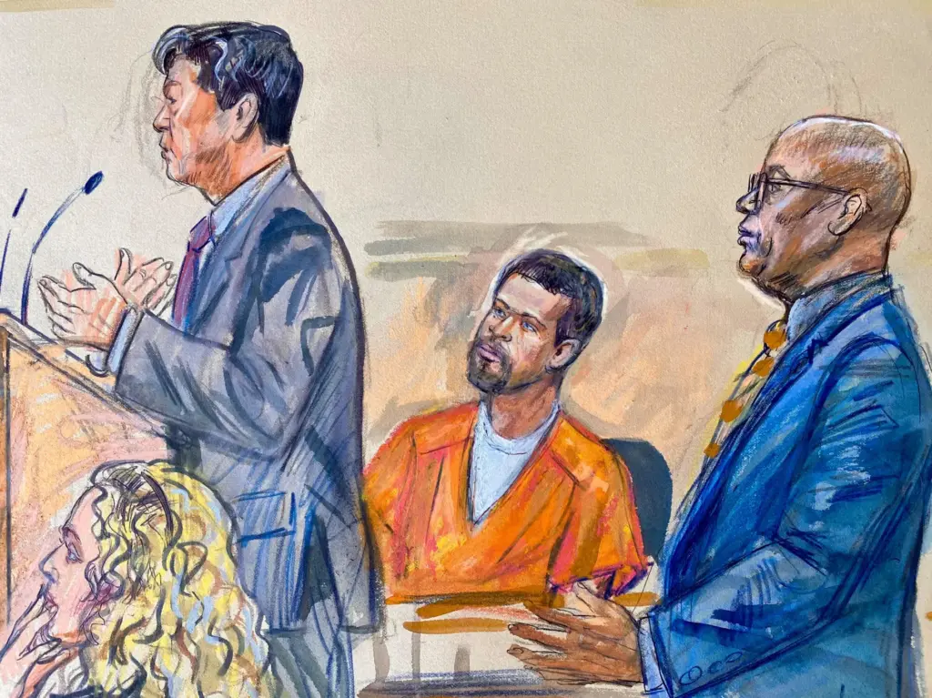 This courtroom sketch depicts Cole Tomas Allen, center, listening as his attorney Eugene Ohm, left, speaks