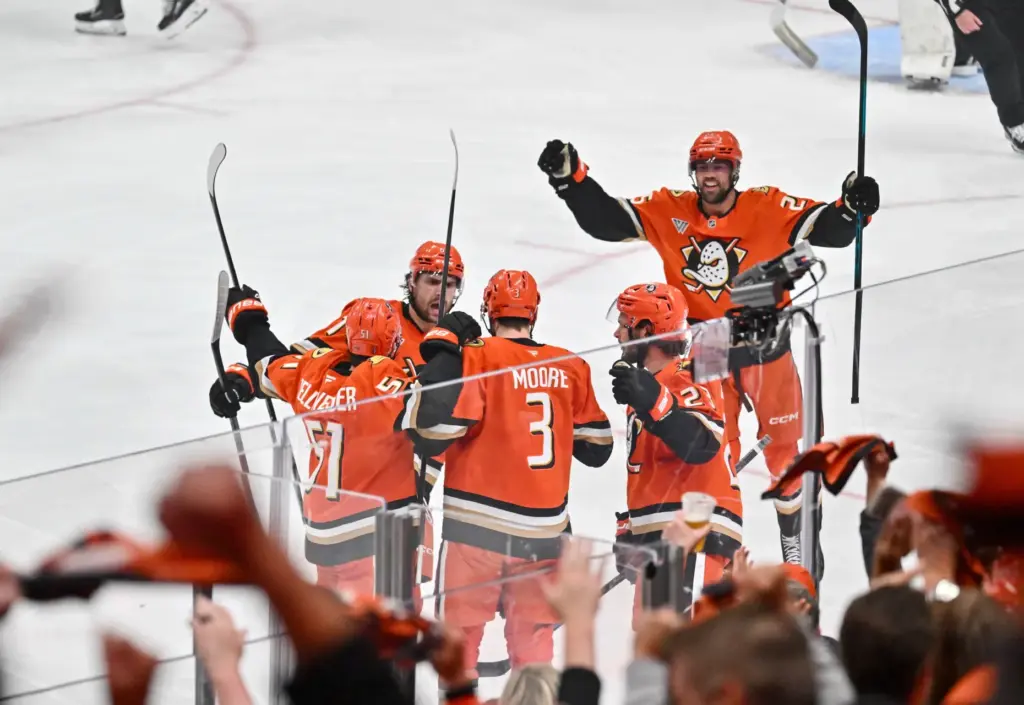 The Ducksâ celebrate a goal against the Vegas Golden Knights...