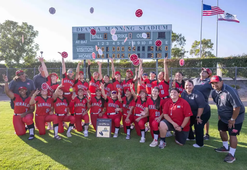 Whittier Christian players celebrate their 5-3 win over Mater Dei...