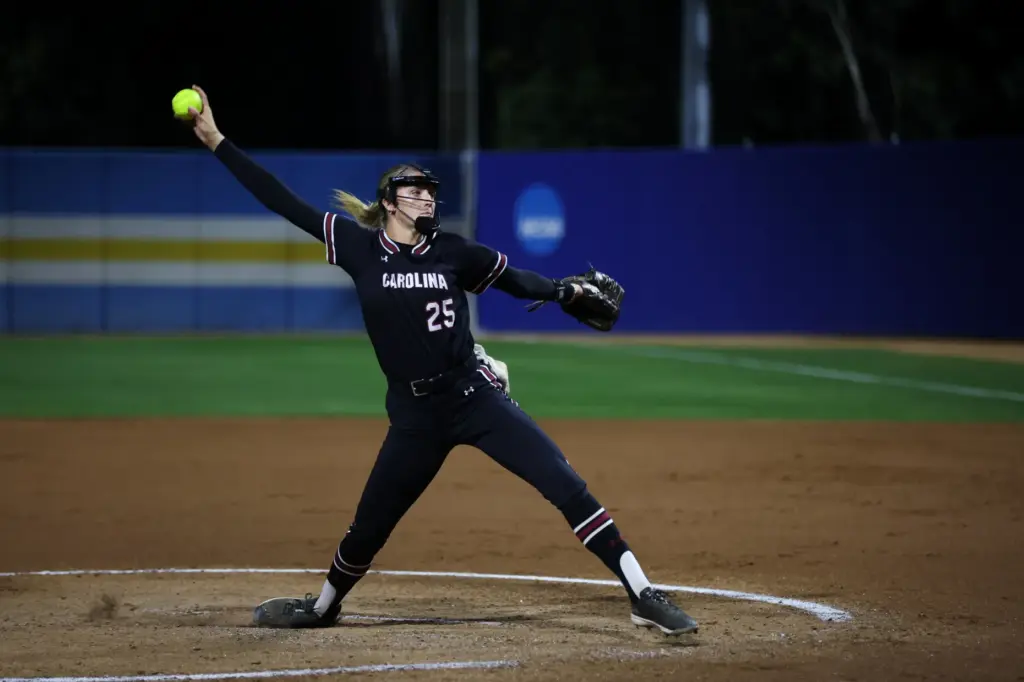 South Carolinaâs Jori Heard pitches against Cal State Fullerton during...