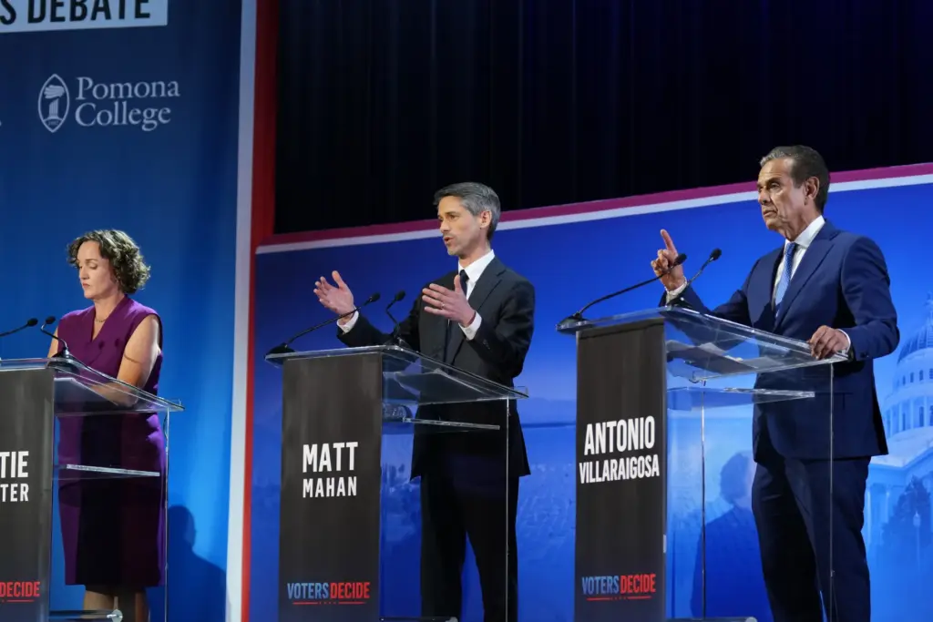 From left, Katie Porter, Matt Mahan and Antonio Villaraigosa during...
