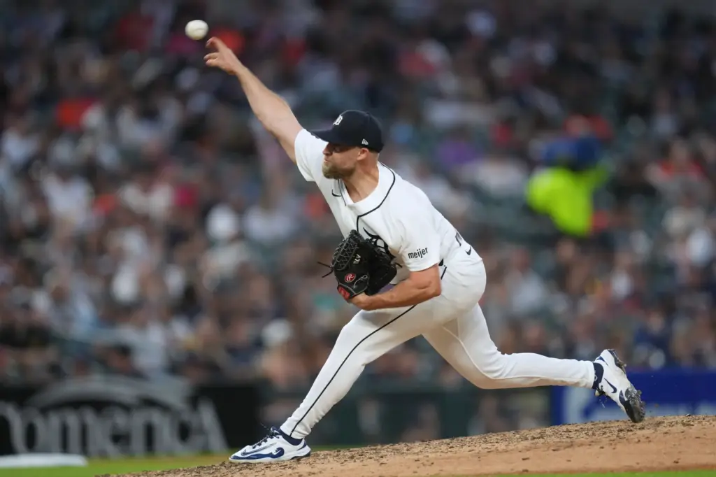 Detroit Tigers relief pitcher Will Vest throws to the plate...