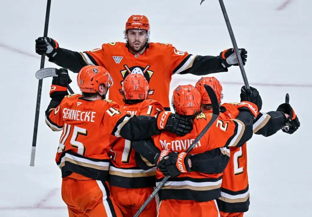 The Ducks celebrate a goal by Alex Killorn (17) during...