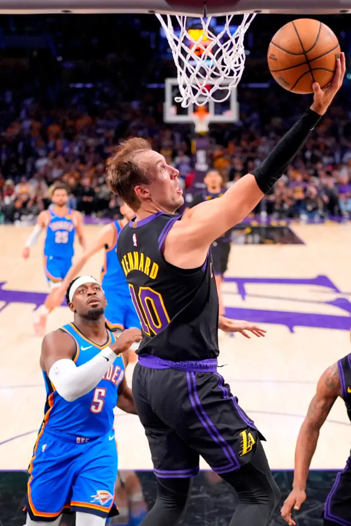 Lakers guard Luke Kennard, right, shoots as Oklahoma City Thunder...