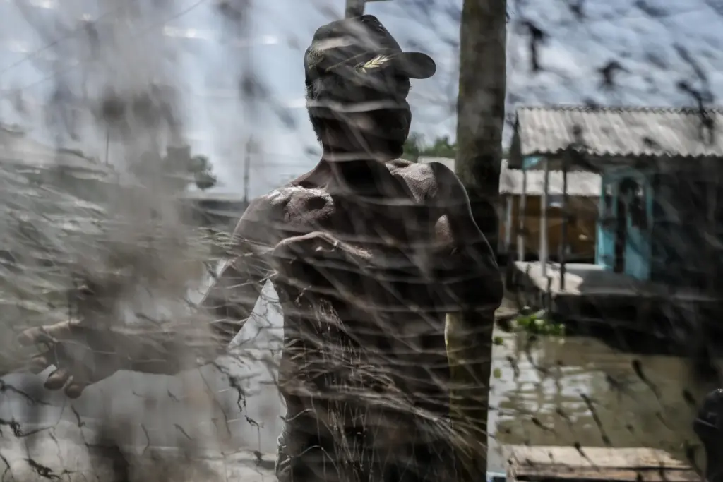 Santander Cueto, a fisherman, removes pieces of an invasive plant...