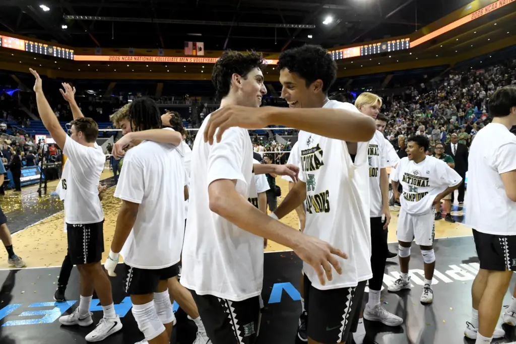 Hawaii players celebrate after defeating UC Irvine in the NCAA...